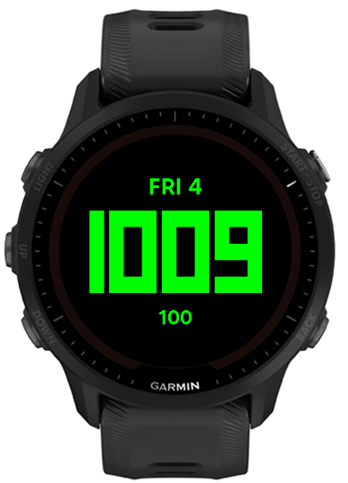 Black watch face with blocky green time, date, and battery text