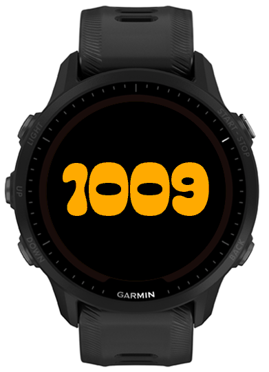 Black watch face with rounded orange time and no date or battery text
