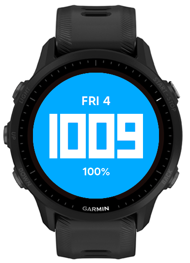 Blue watch face with blocky white time, date, and battery text
