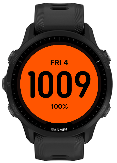 Orange watch face with condensed black time, date, and battery text