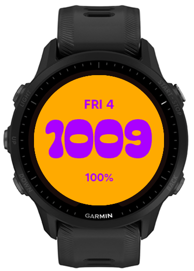 Orange watch face with rounded purple time, date, and battery text