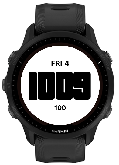 White watch face with rounded black time and black date and battery text