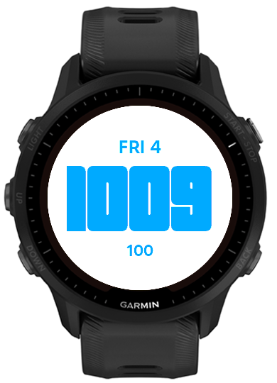 White watch face with rounded blue time, date, and battery text
