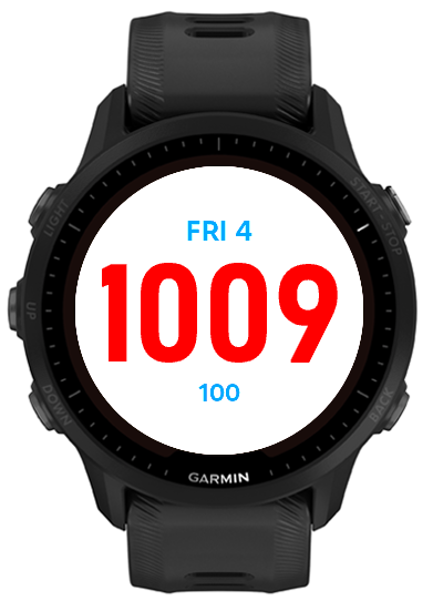 White watch face with condensed red time and blue date and battery text