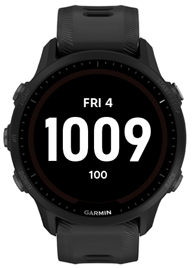 Black watch face with condensed white time, white date, and white battery text
